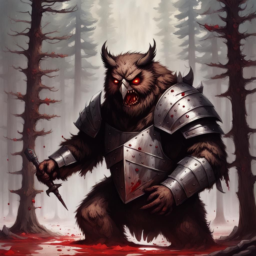 Sinister Owlbear Devouring Armored Knight
