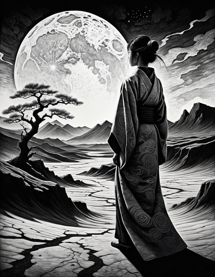 Japanese Woman on Alien Planet Charcoal Drawing
