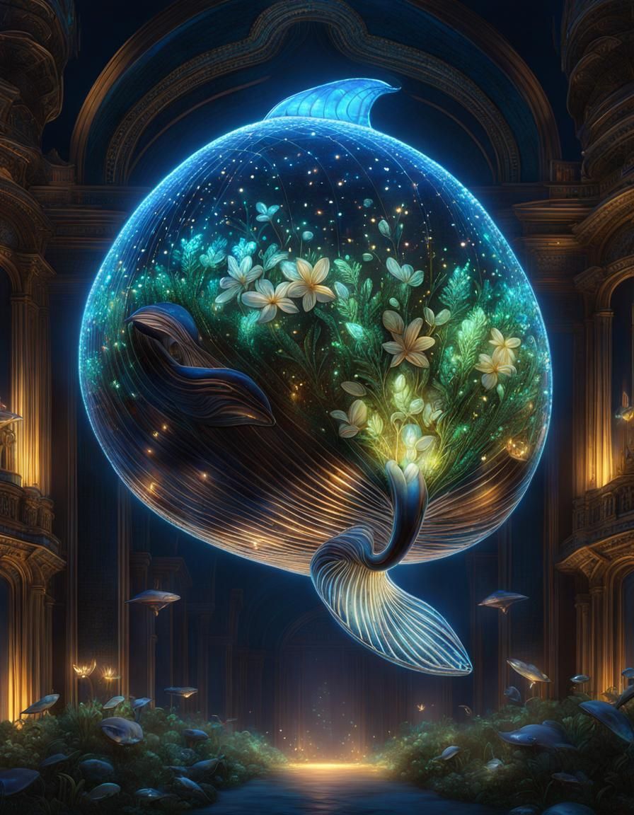 Bioluminescent Crystal Whale Filled with Plants
