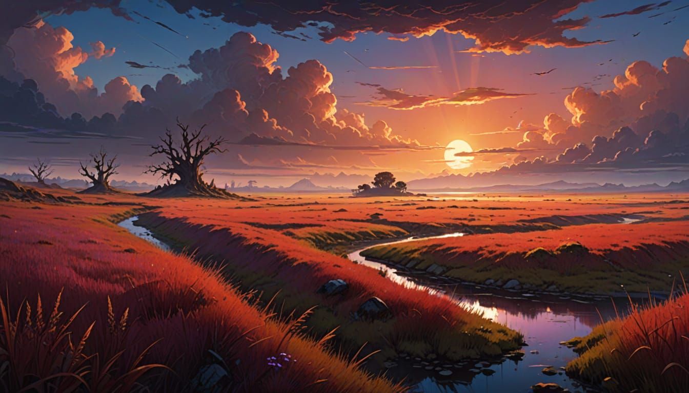 Surreal Red Meadow Grassland in Golden Hour, Fantasy Novel I...