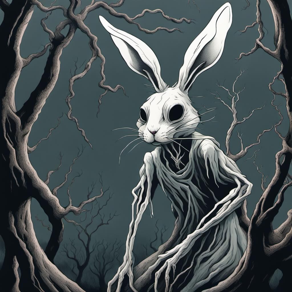 Mischievous Rabbit in Dark Fantasy Forest