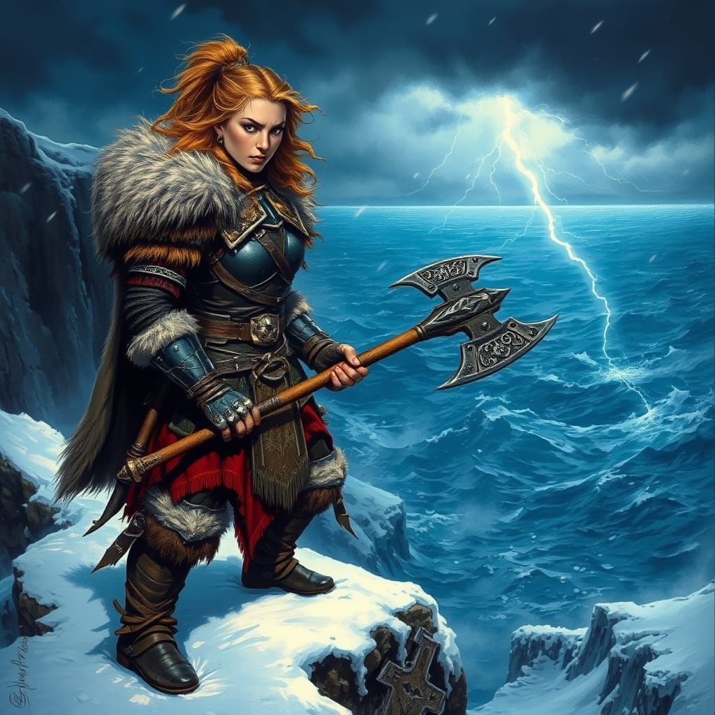 Norse Warrior on Frozen Cliff in Dark Fantasy Style