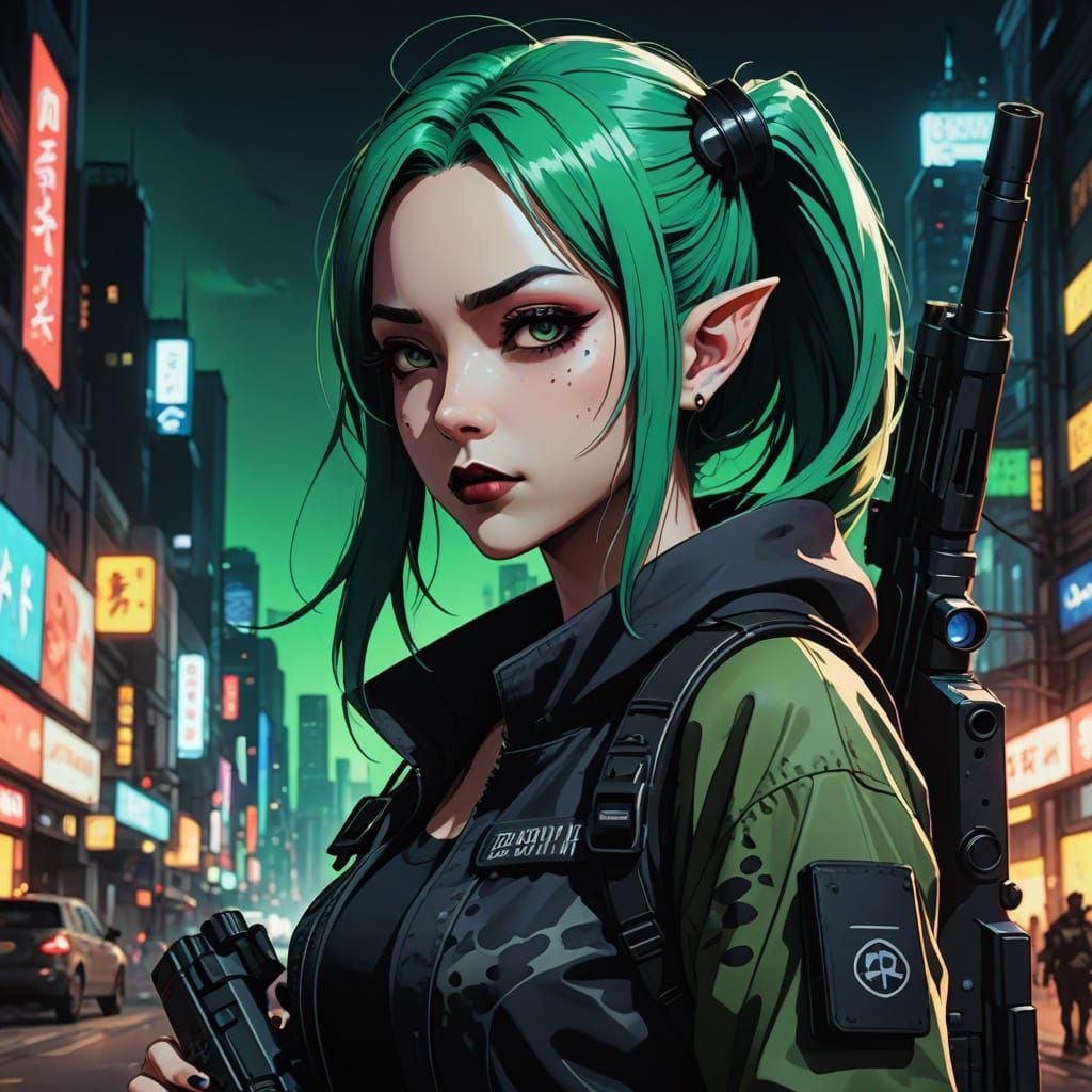 Goth Elf Sniper in Neon Green Hair and Black Lipstick, Anime...