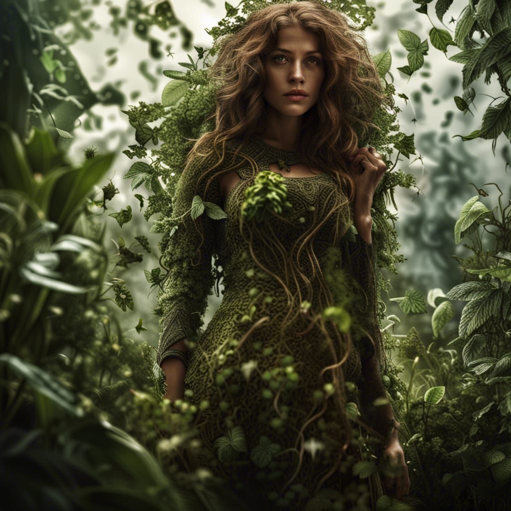 Medieval Woman Covered in Plants: Hyperrealistic Image