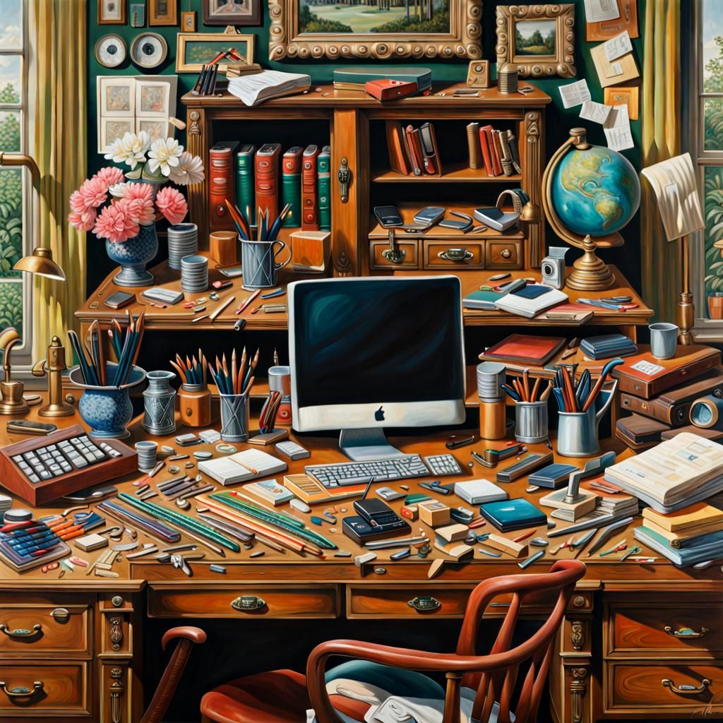 Maximalist Painting of a Desk with Office Supplies