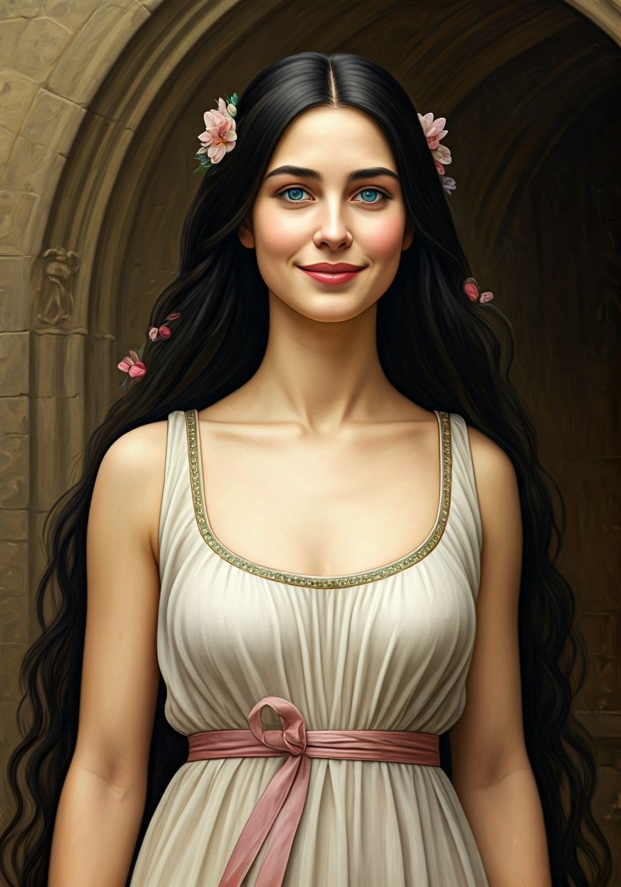 Medieval Bride in Flower-Adorned Hair Walks Castle Grounds