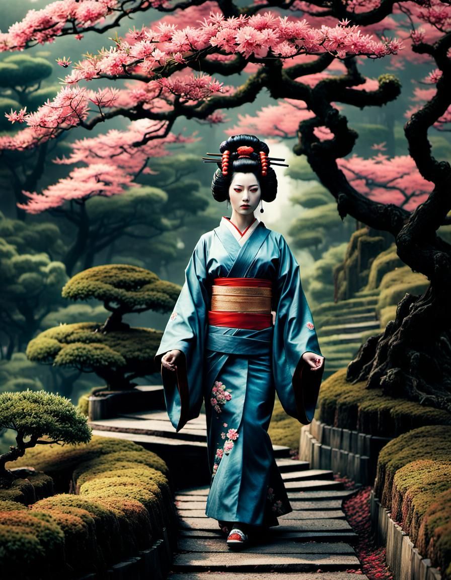 Geisha in Japanese Garden: Nanopunk Art