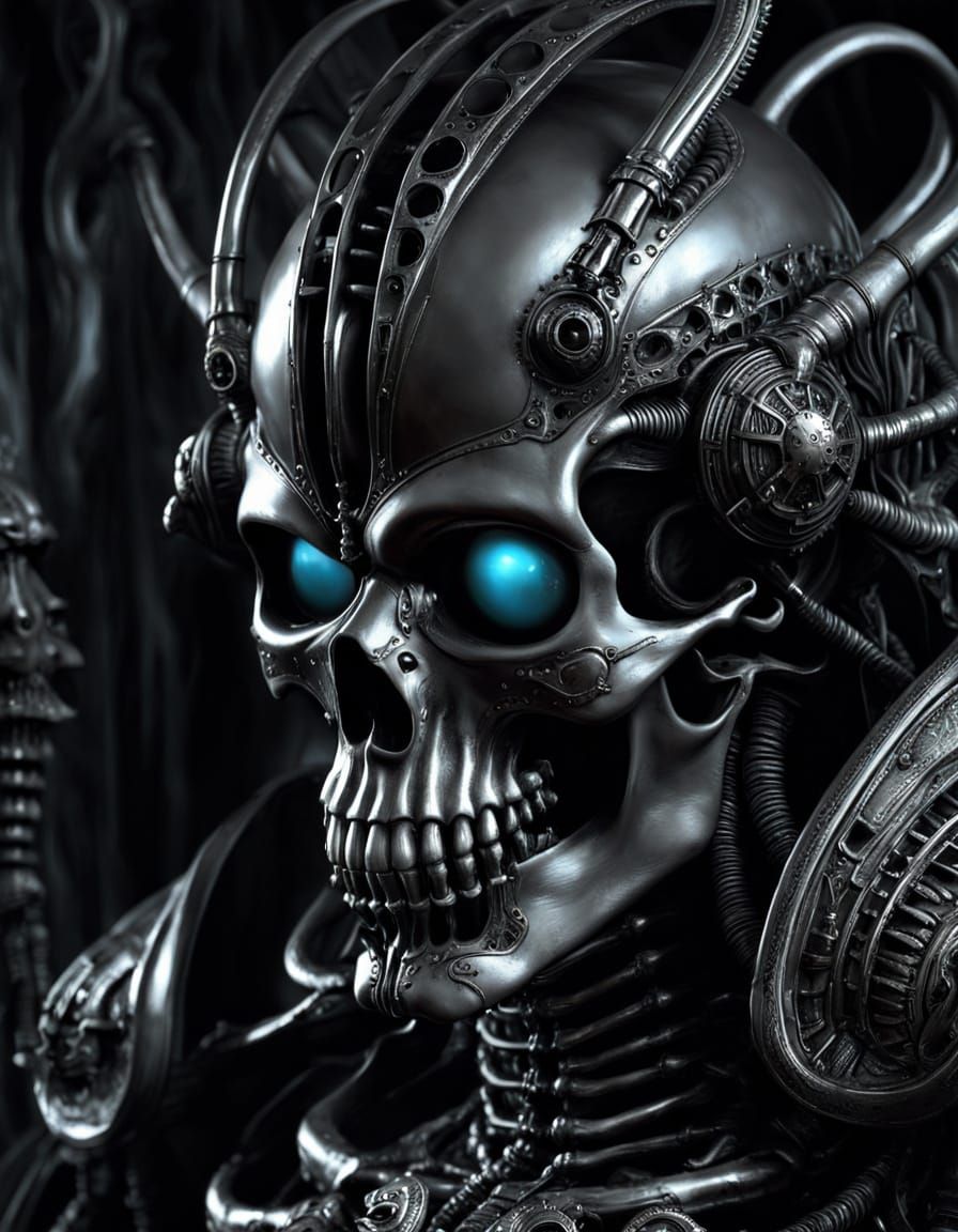 Grim Chrome Skull Warrior in Dark Sci-Fi Setting