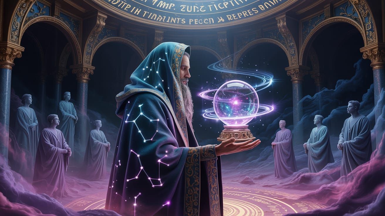 Mystical Seer in a Timeless Chamber with Crystal Ball