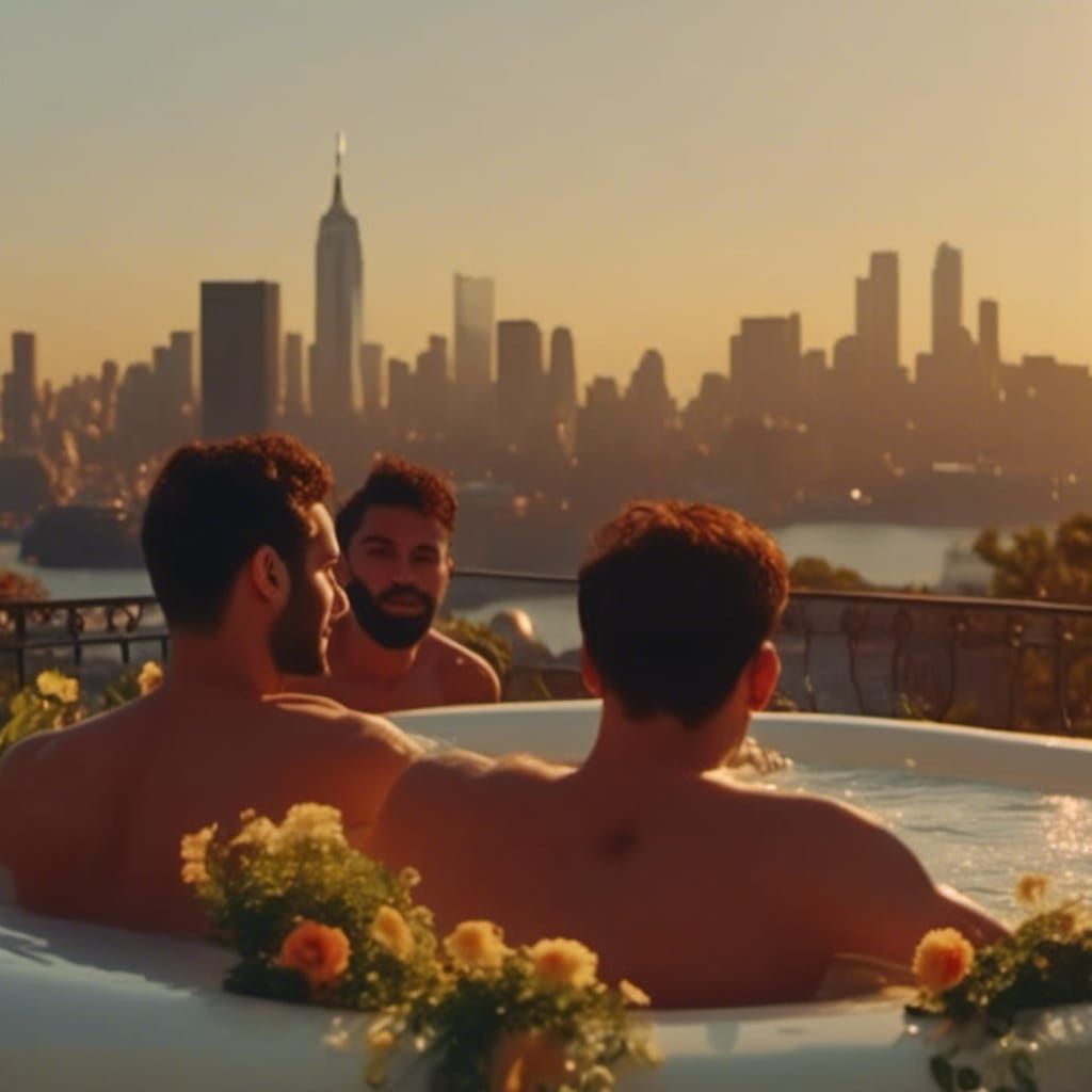 Men in Rooftop Hot Tub at Golden Hour