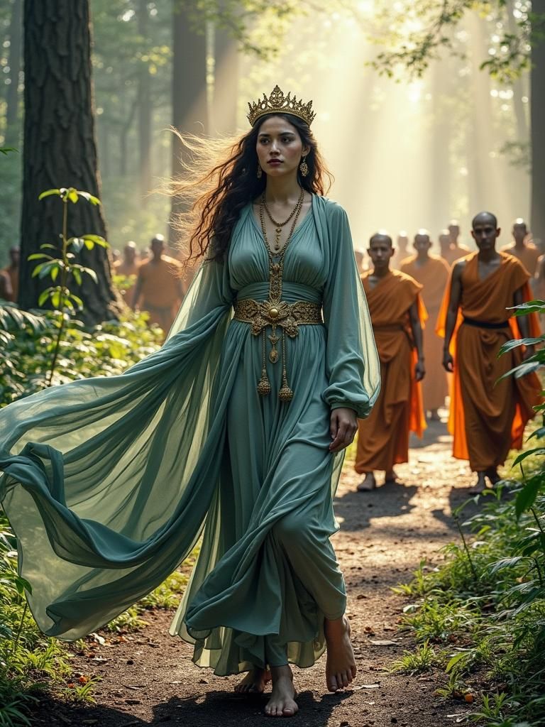 Mystical Goddess Emerges from Foggy Forest