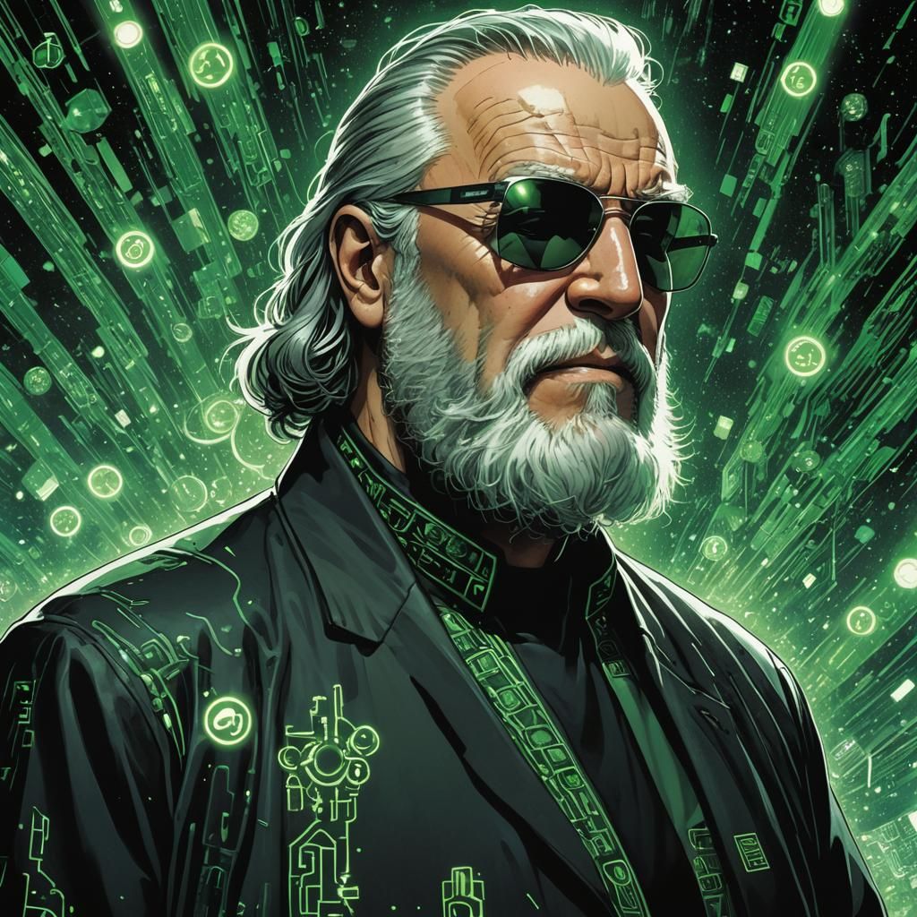 Comic Art of Elderly Man in Matrix Code