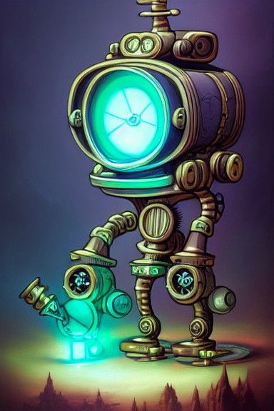 Steampunk Robot Warrior with Green Crystal Energy
