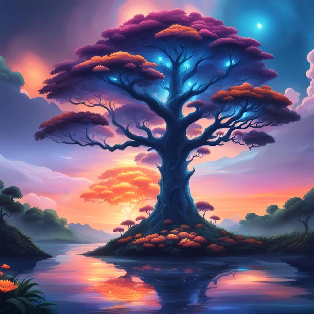 Vibrant Fantasy Tree of Life in a Mystical Forest
