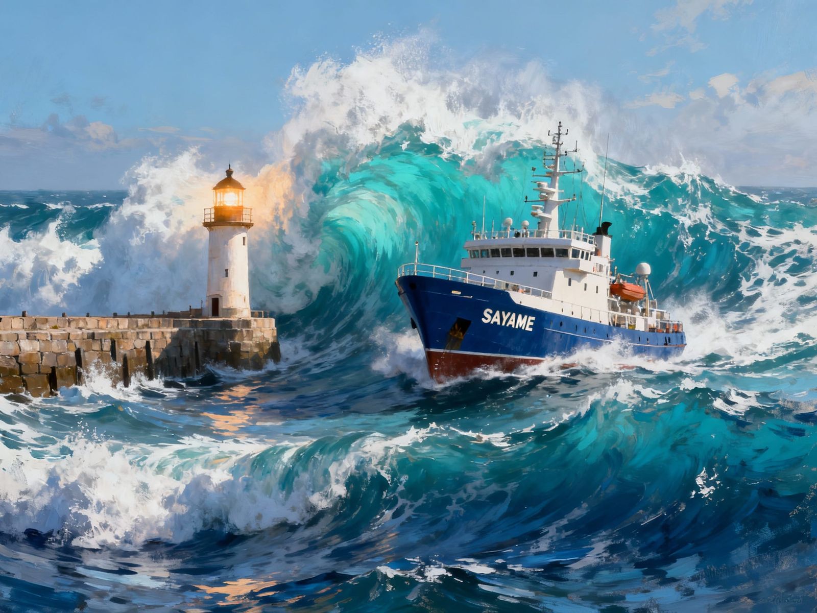 German Lighthouse Braving Turquoise Waves in Epic Digital Pa...