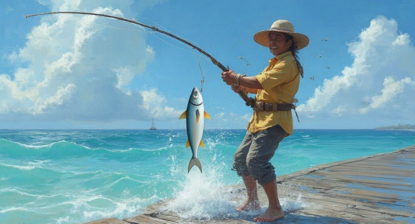 Fisherman Reeling a Fish at Bedok Jetty, Singapore