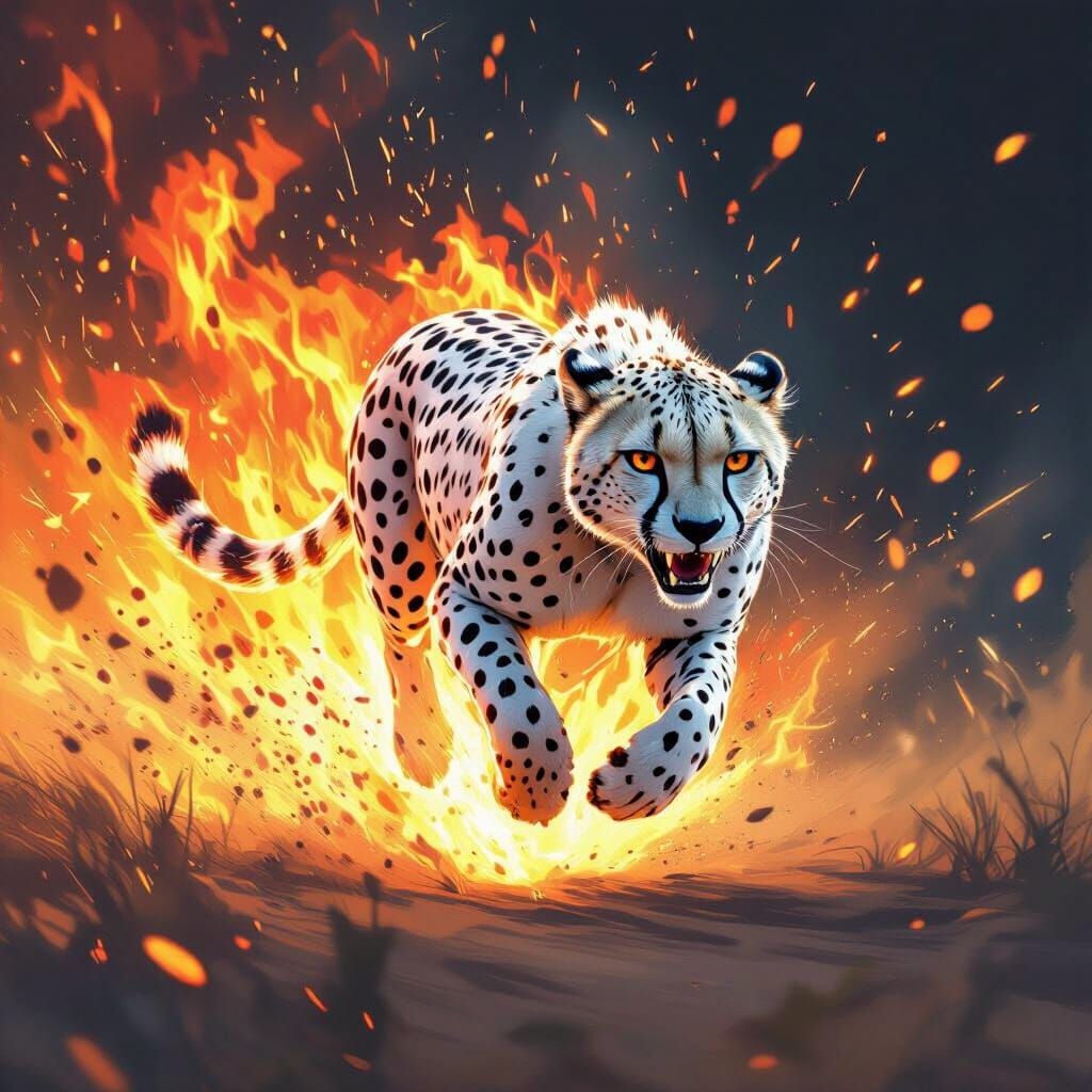 White Cheetah Engulfed in Flames, Digital Painting