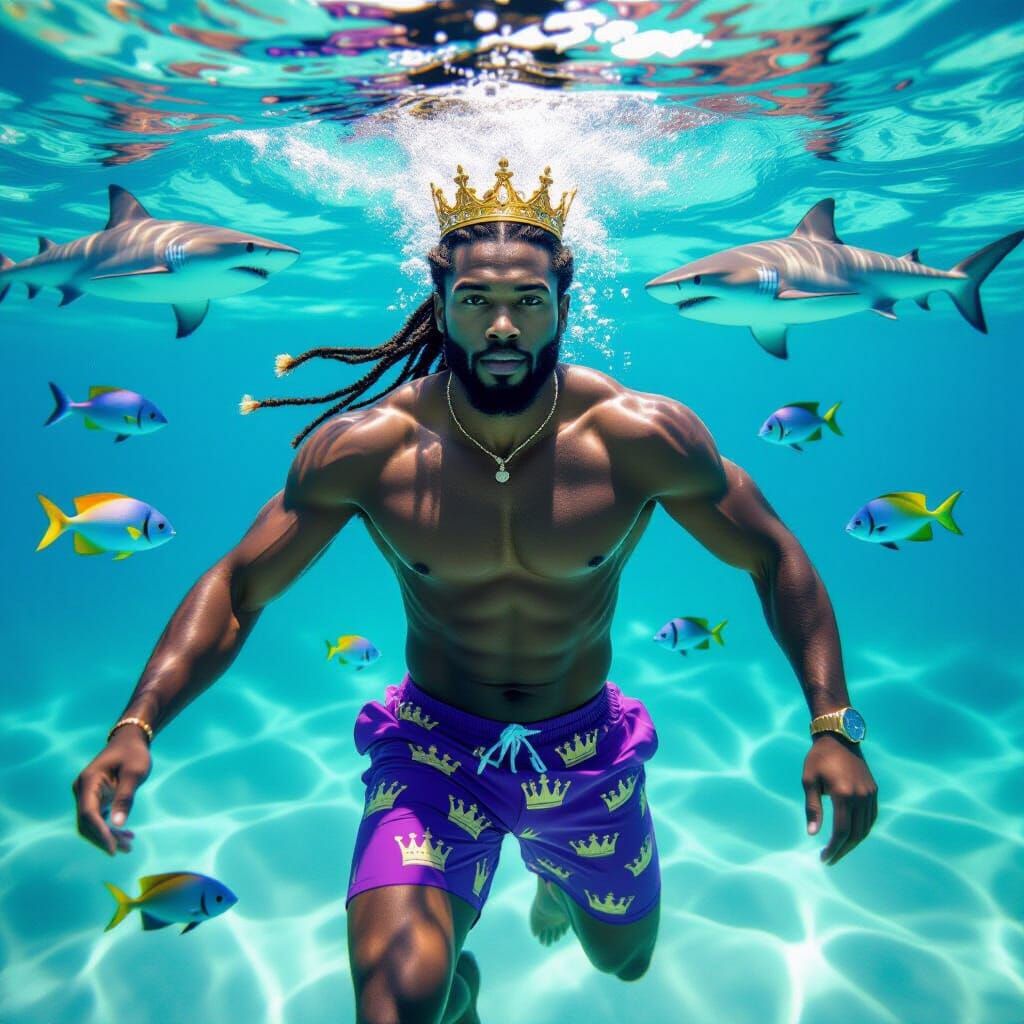 Man Swims with Tiger Sharks in Vibrant Ocean Digital Paintin...