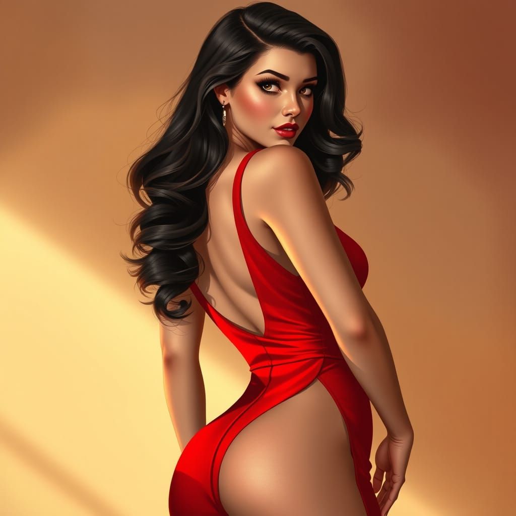 Sultry Anime-Inspired Pin-Up Model in Red Dress
