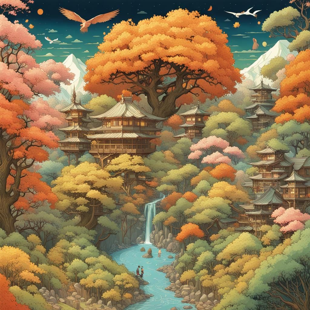 Four Seasons Poster Art in Digital Painting Style