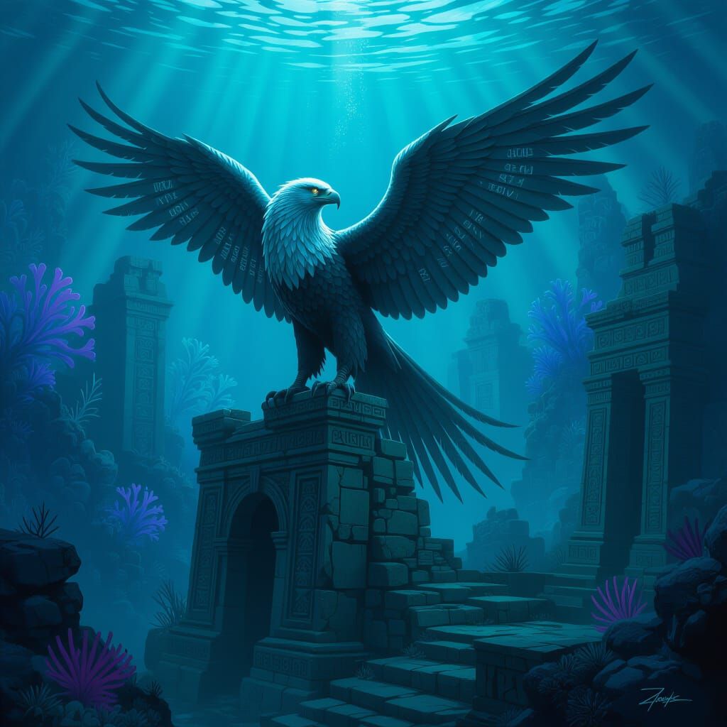 Majestic Griffin on Ancient Ruin in Underwater Dreamscape