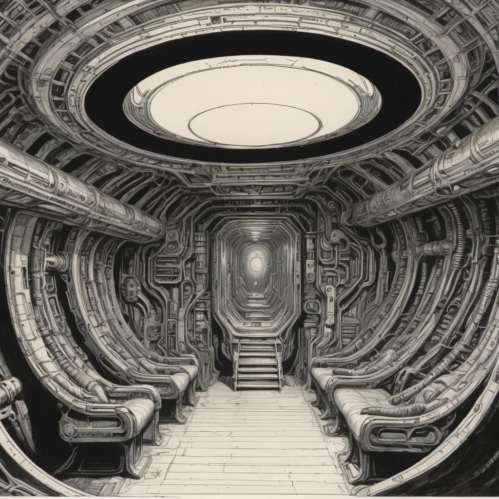 Distorted Alien Spaceship Interior in Graphic Novel Style