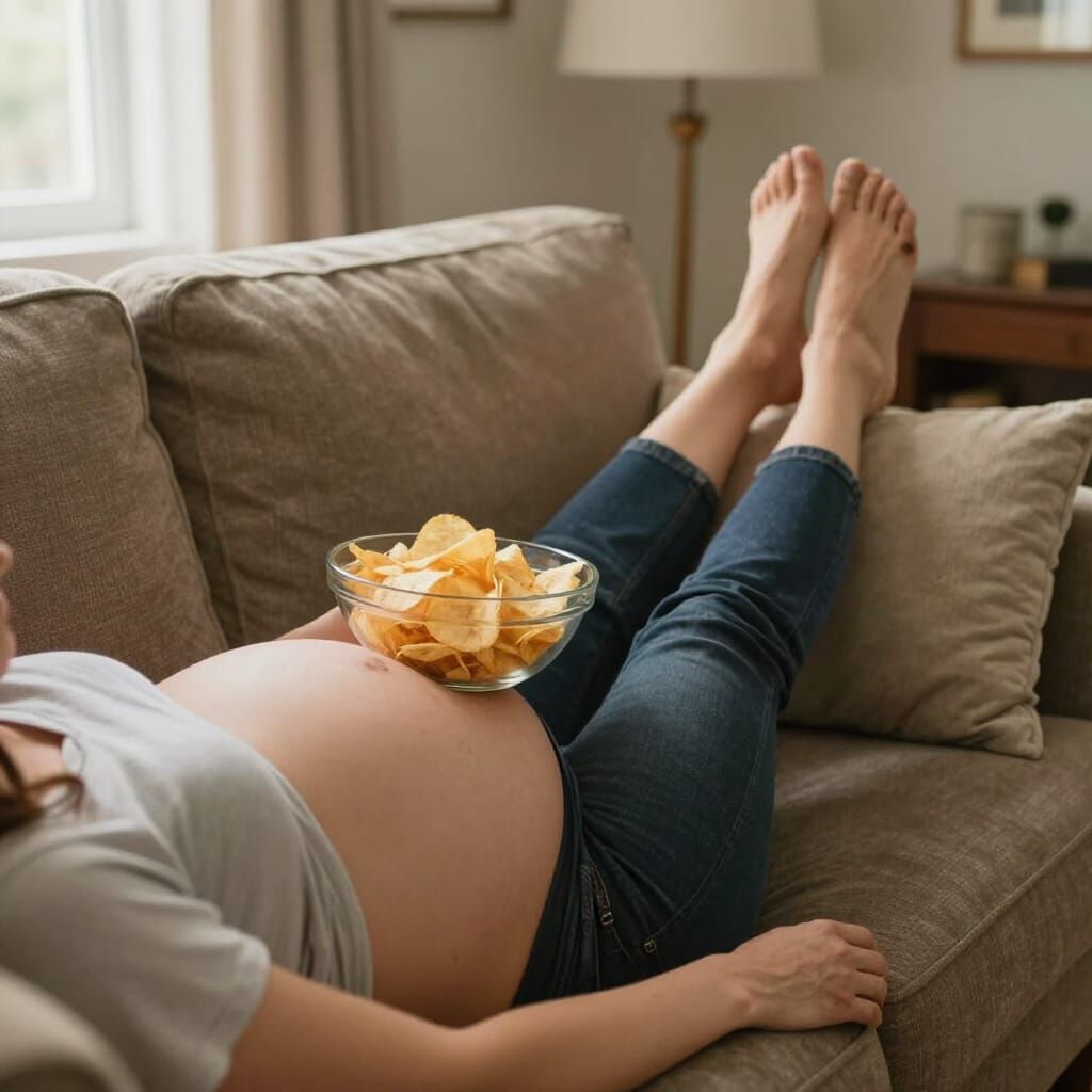 Pregnant Woman Enjoys Chips in Cozy Living Room