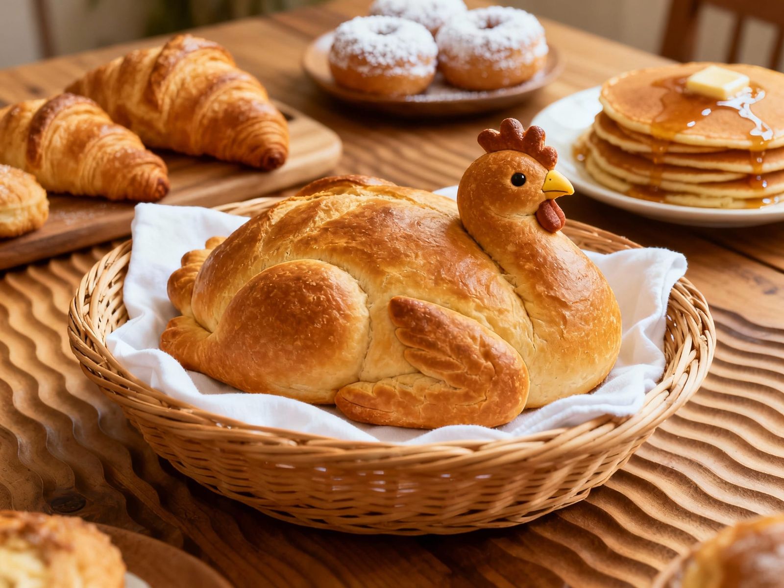 AI Art: Turkey Loaf in Wicker Basket with Pastries