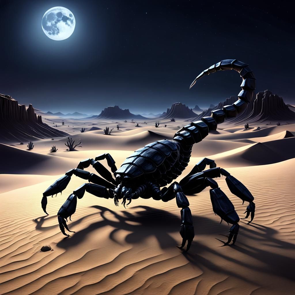 Giant Black Scorpion in Moonlit Desert, as 3D Render