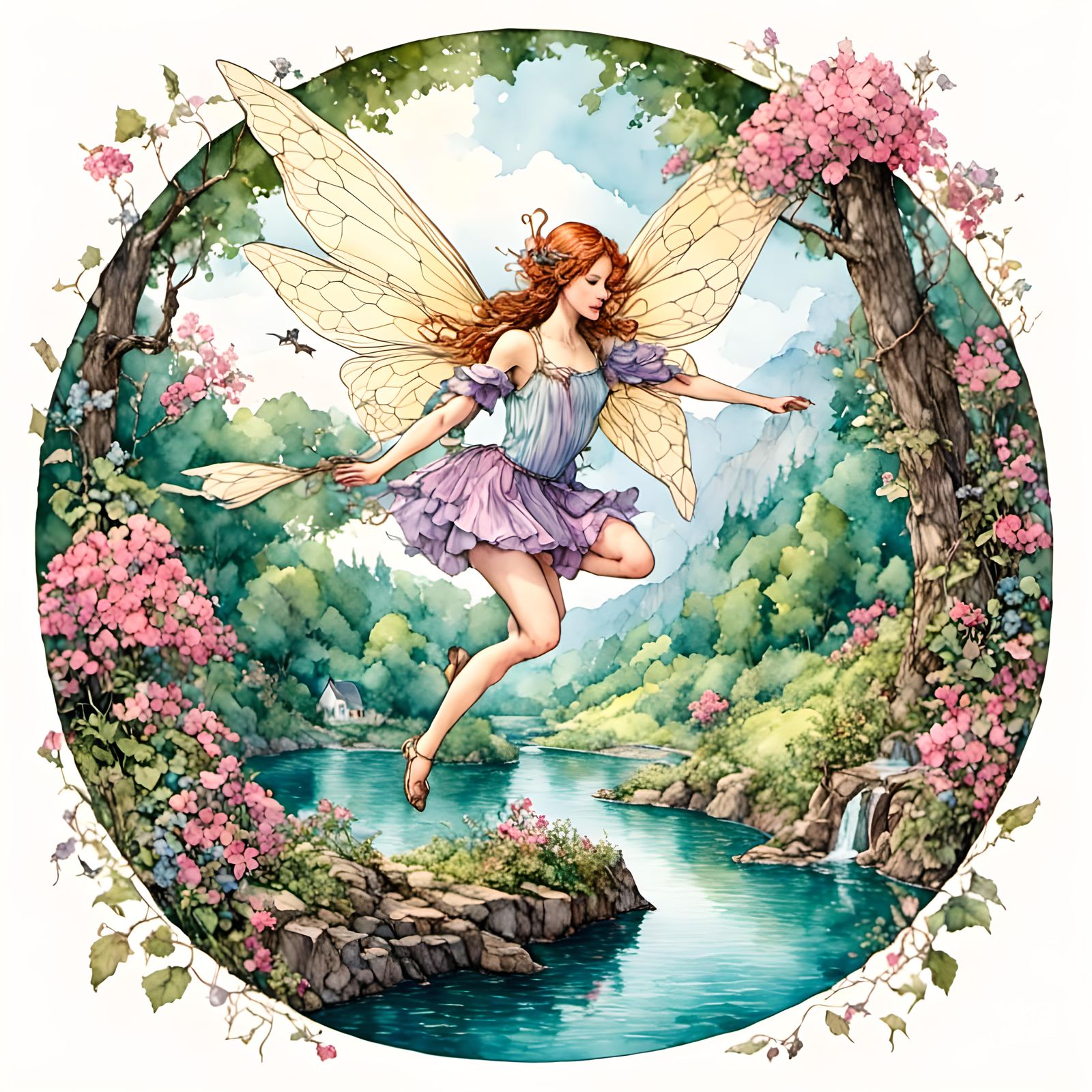 <lora:Pink Snow WaterCol 1:1.0> Beautiful ultradetailed fairy, flying over a river, detailed fantasy background