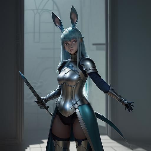 Anime Woman Warrior in Castle with Teal Hair