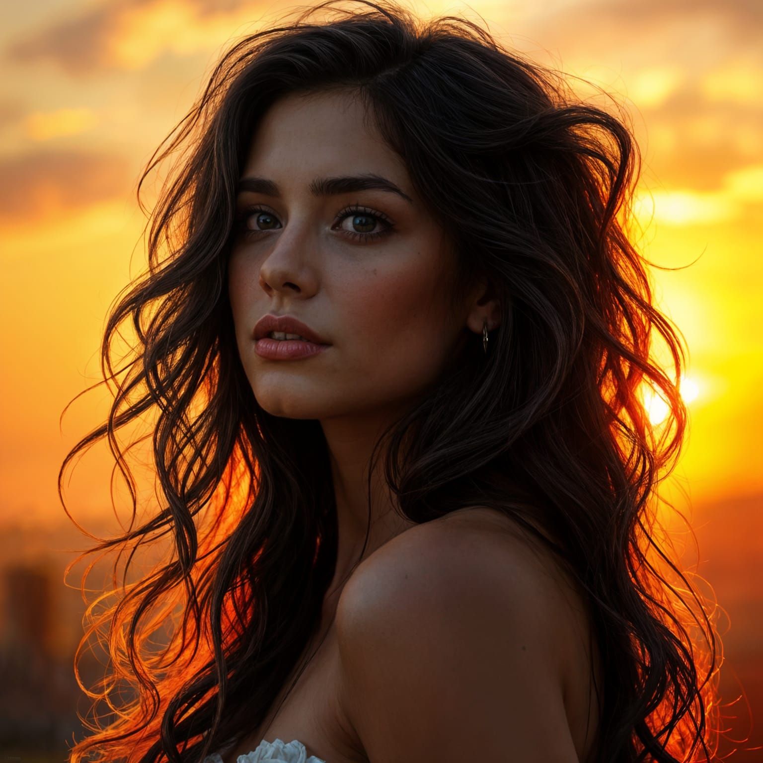 Sunset Portrait of Woman with Black Hair