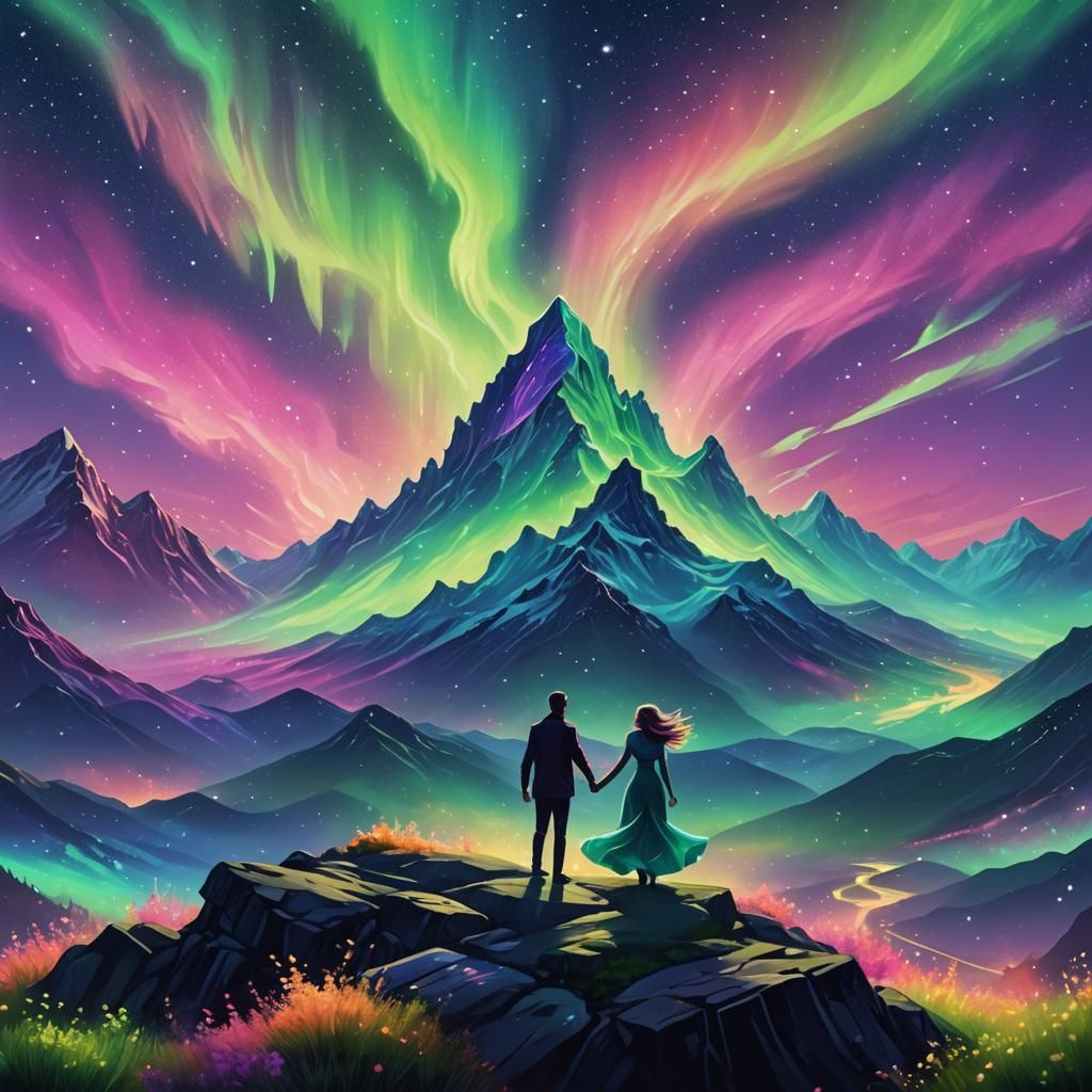 Couple Dancing Under Northern Lights in Holographic Style