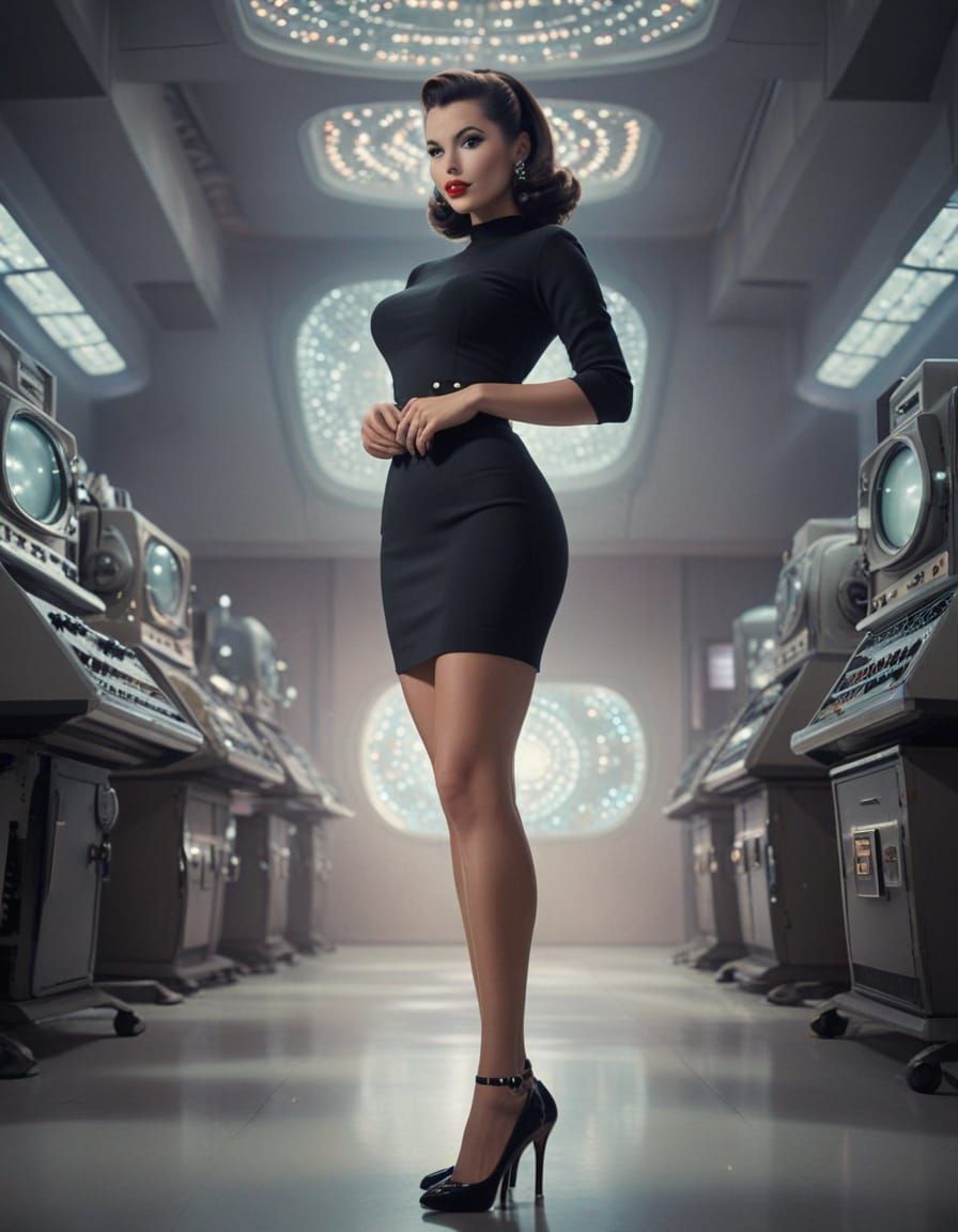 Retro Sci-Fi Pinup Girl in Midcentury Modern Setting
