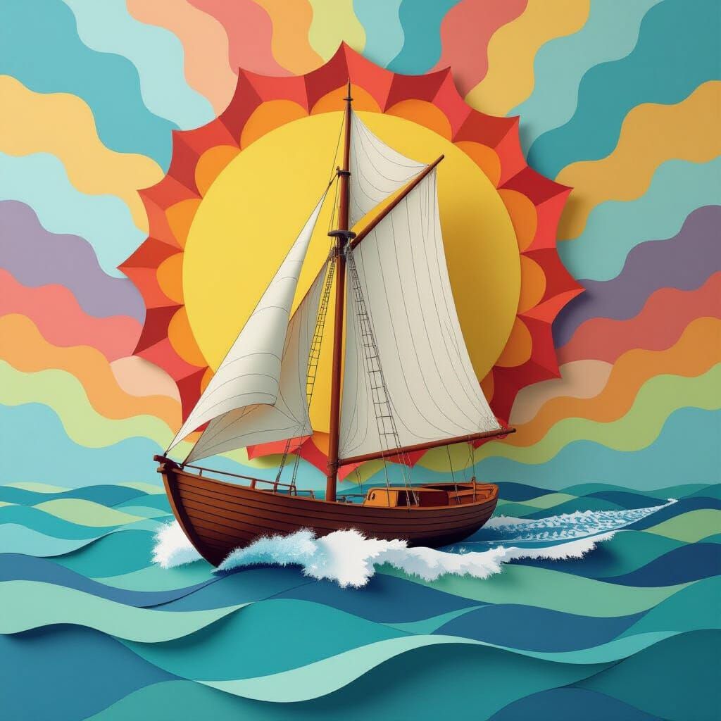 Psychedelic Papercut Seascape of a Sailing Ship