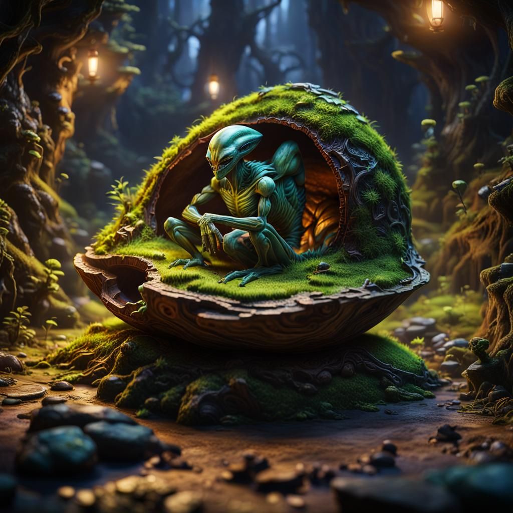 Tiny alien in a walnut shell