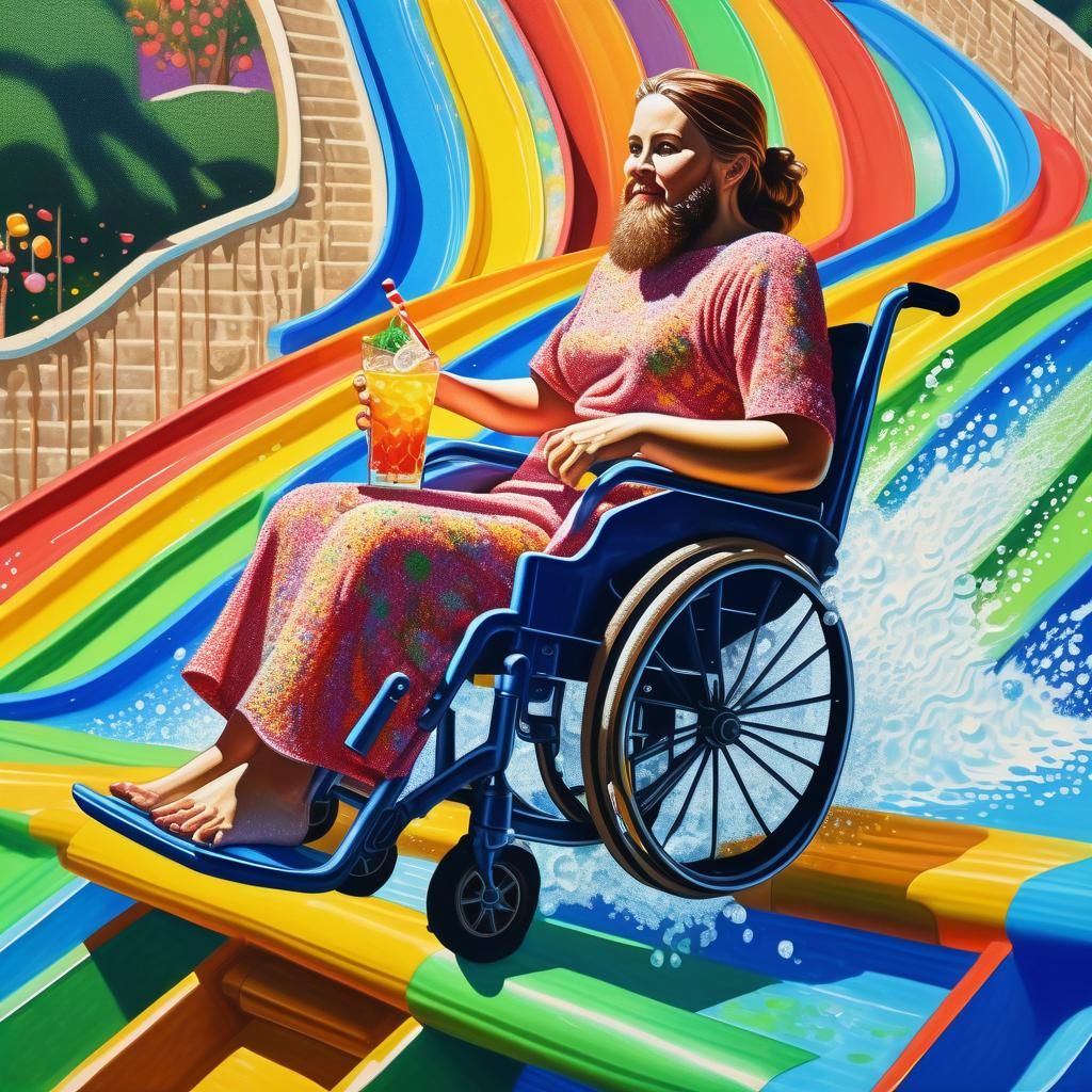 Bearded Woman on Waterslide in Pointillism Style