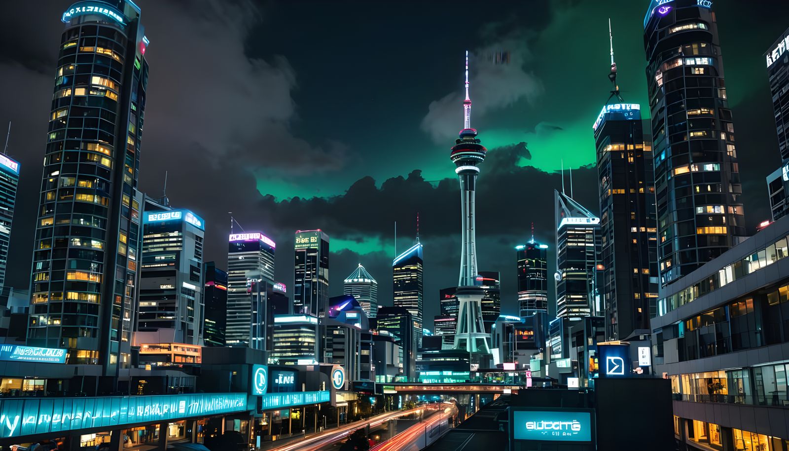 Futuristic Auckland Cityscape with Sky Tower in Neon Lights