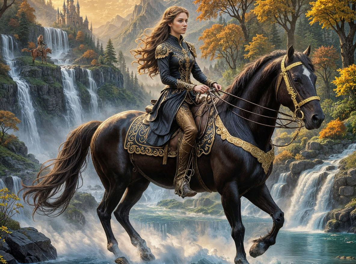 Princess on Black Stallion with Ornate Gold Tack