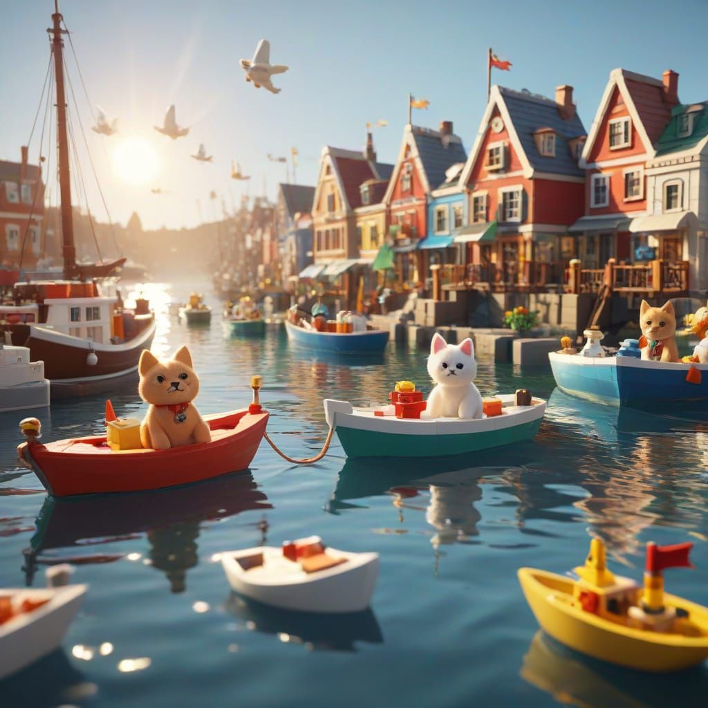 Whimsical Harbor Scene with Toy-Like Characters