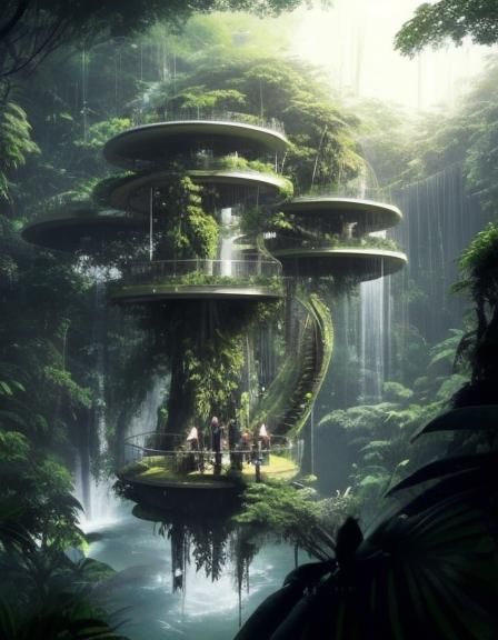 Futuristic living in the canopy of the rainforest on circular platforms with a waterfall.