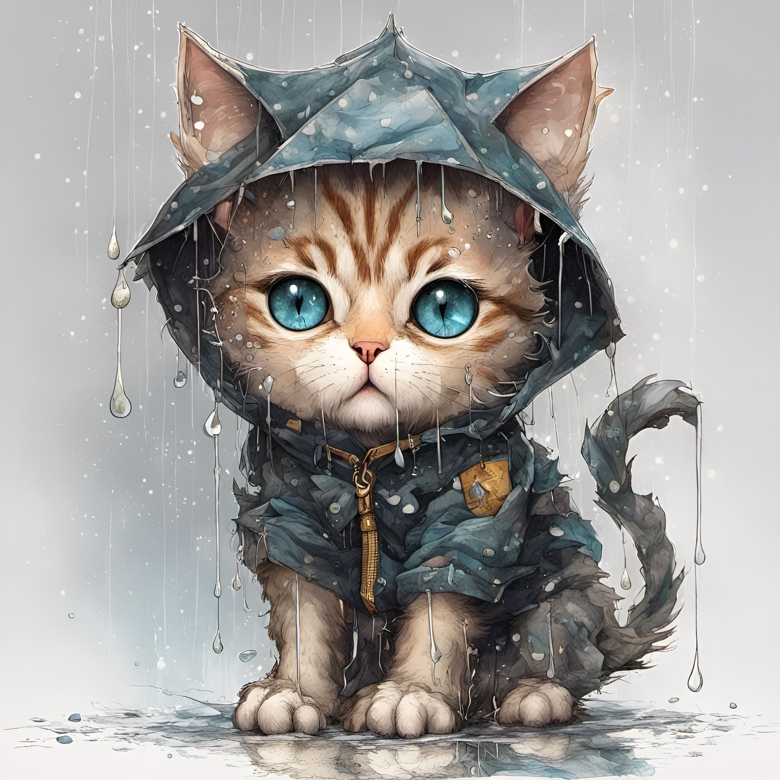 Sad Chibi Cat in Rainy Storm