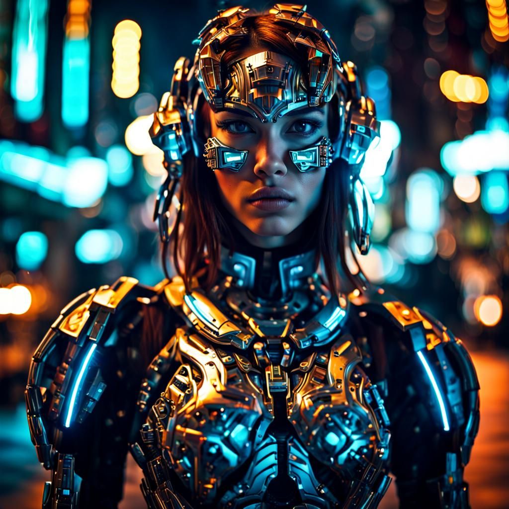 Cyborg Girl Portrait in Neon City, Hyperrealistic Style