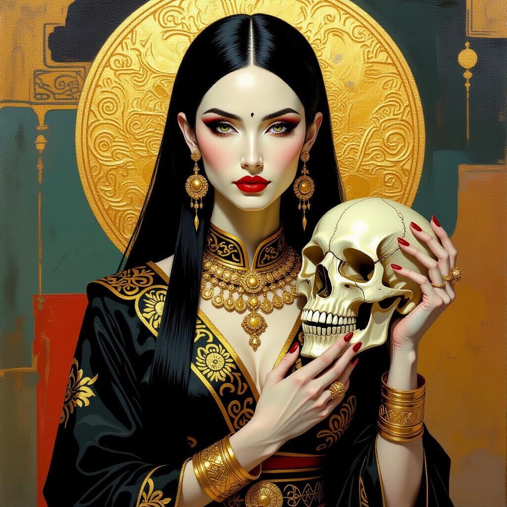 Alien Goddess with Dragon Skull as Impasto Painting