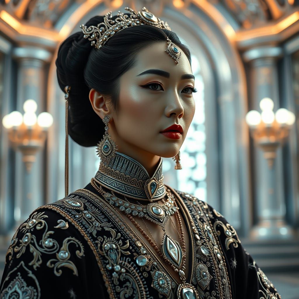 Cyberpunk Princess in Neo-Classical Palace