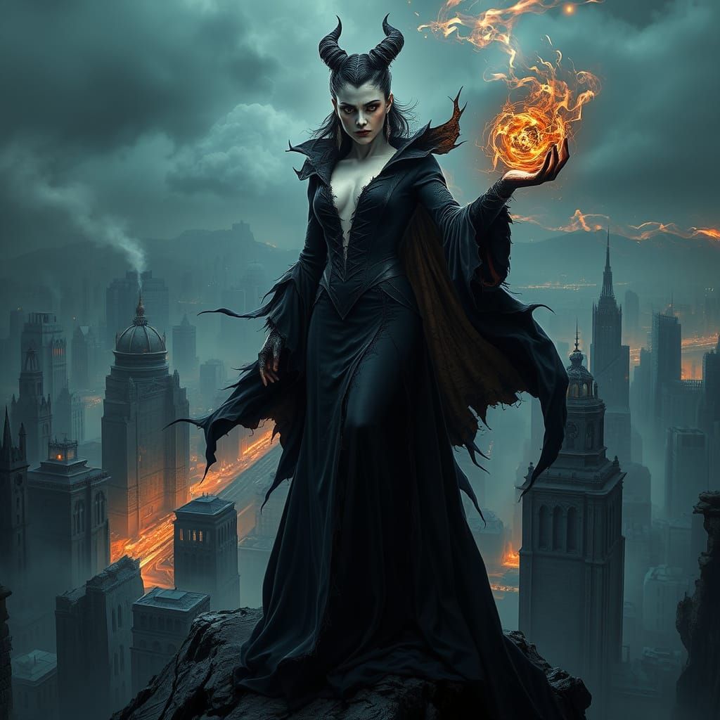 Female Supervillain Overlooking Gothic City in Hyperrealisti...