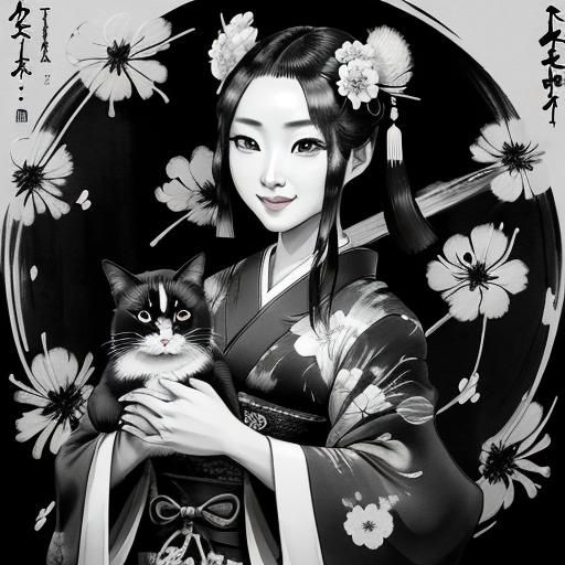 Geisha Girl with Cat in Japanese Ink Painting