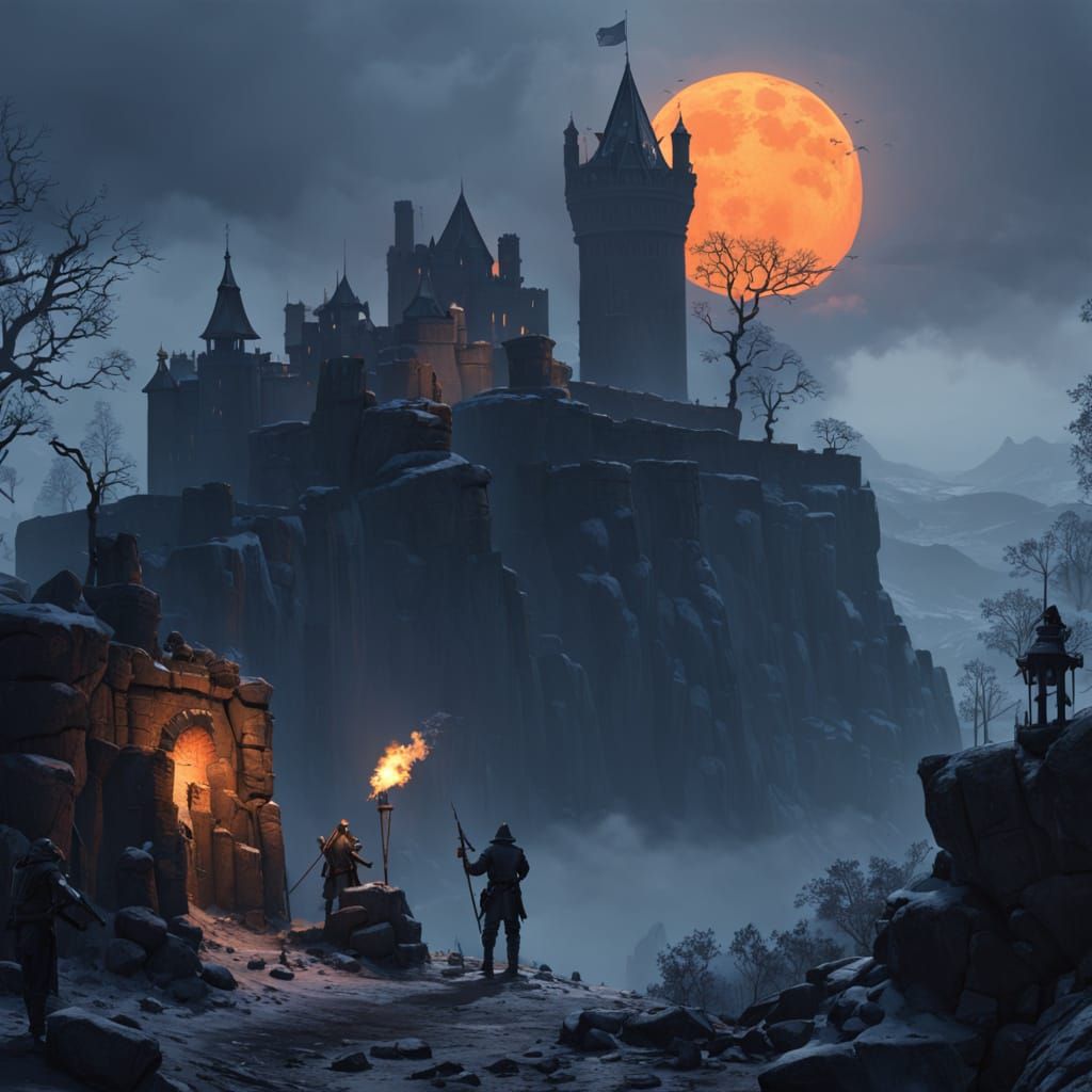 Medieval Siege in Fiery Sunset, Epic Fantasy Battle Scene