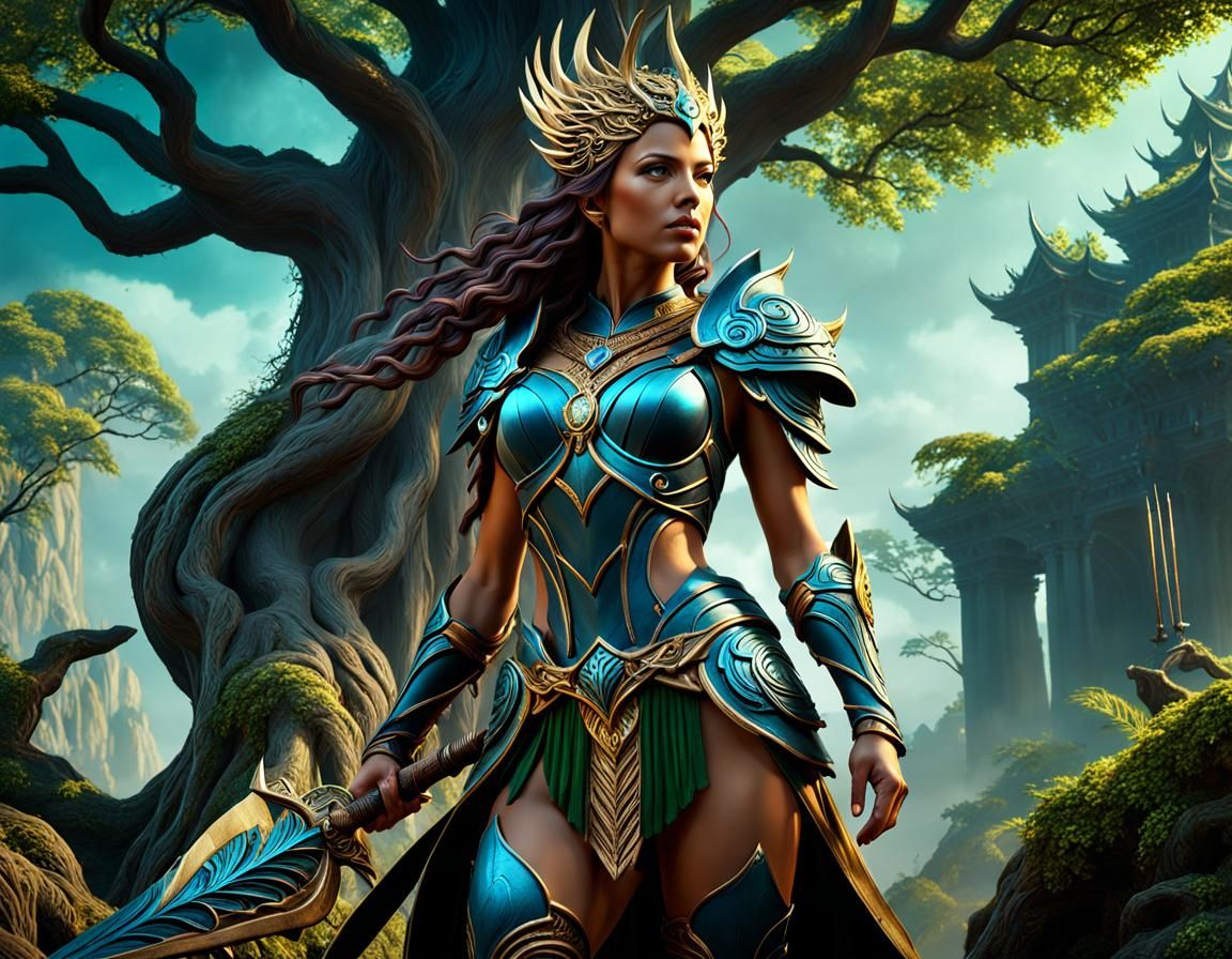 Warrior Tree Woman: Detailed Matte Painting