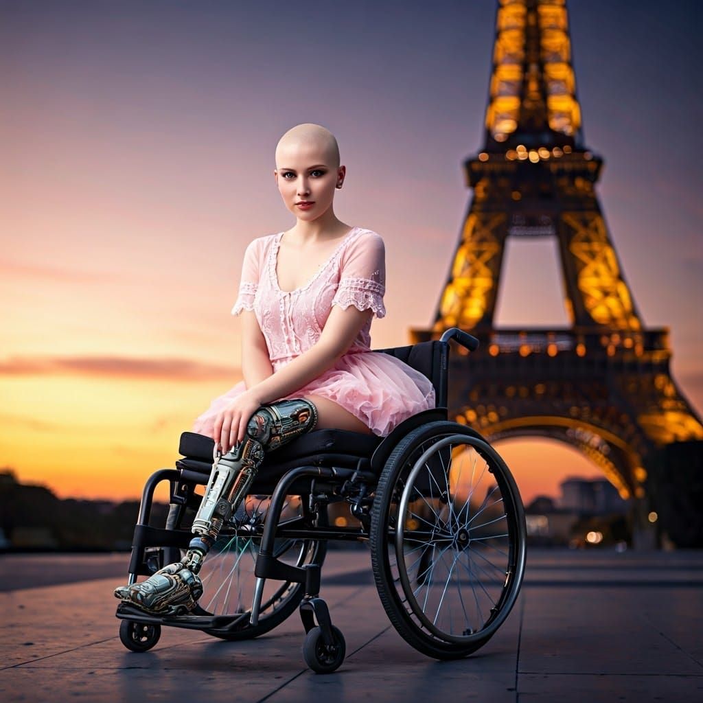 Cyberpunk Amputee Portrait with Eiffel Tower Backdrop